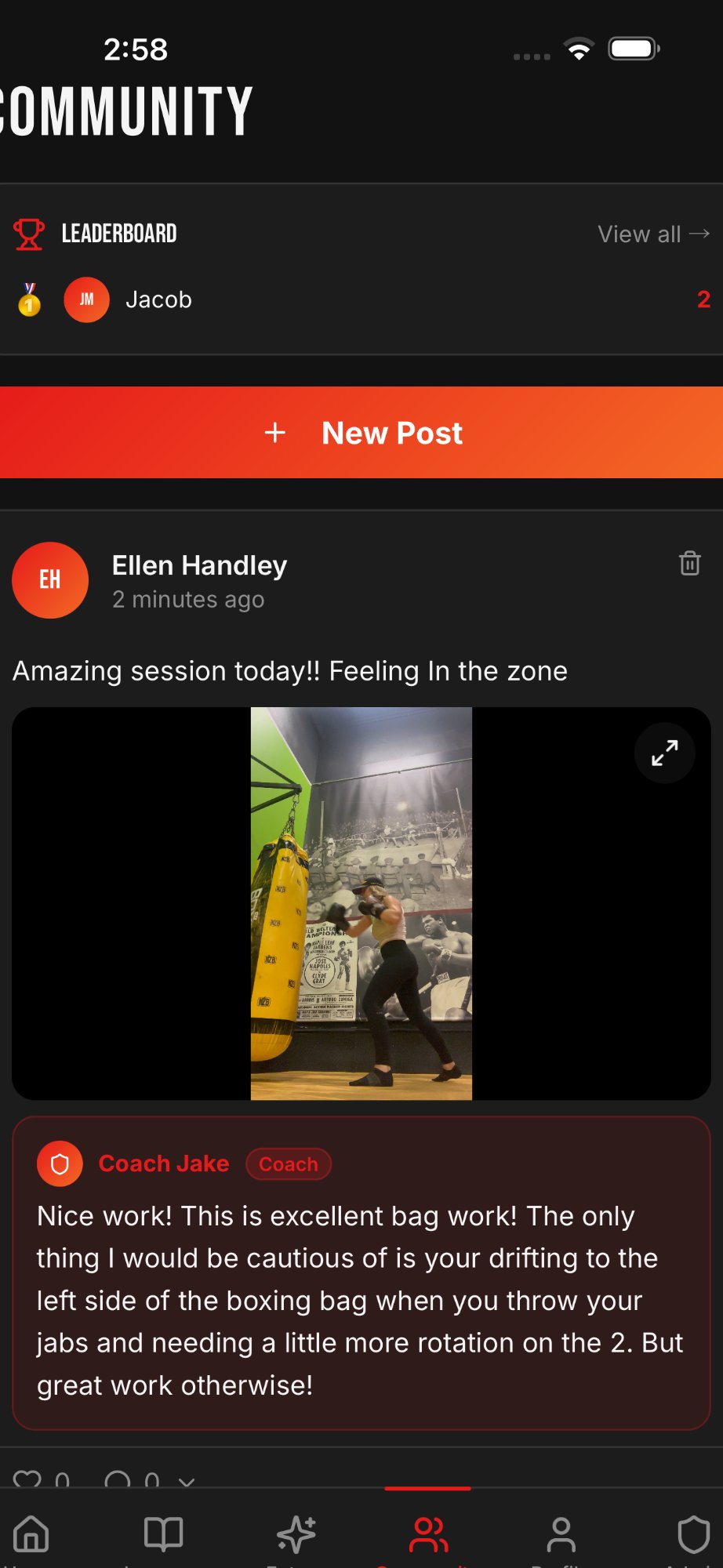 Boxer's Code community with coach feedback
