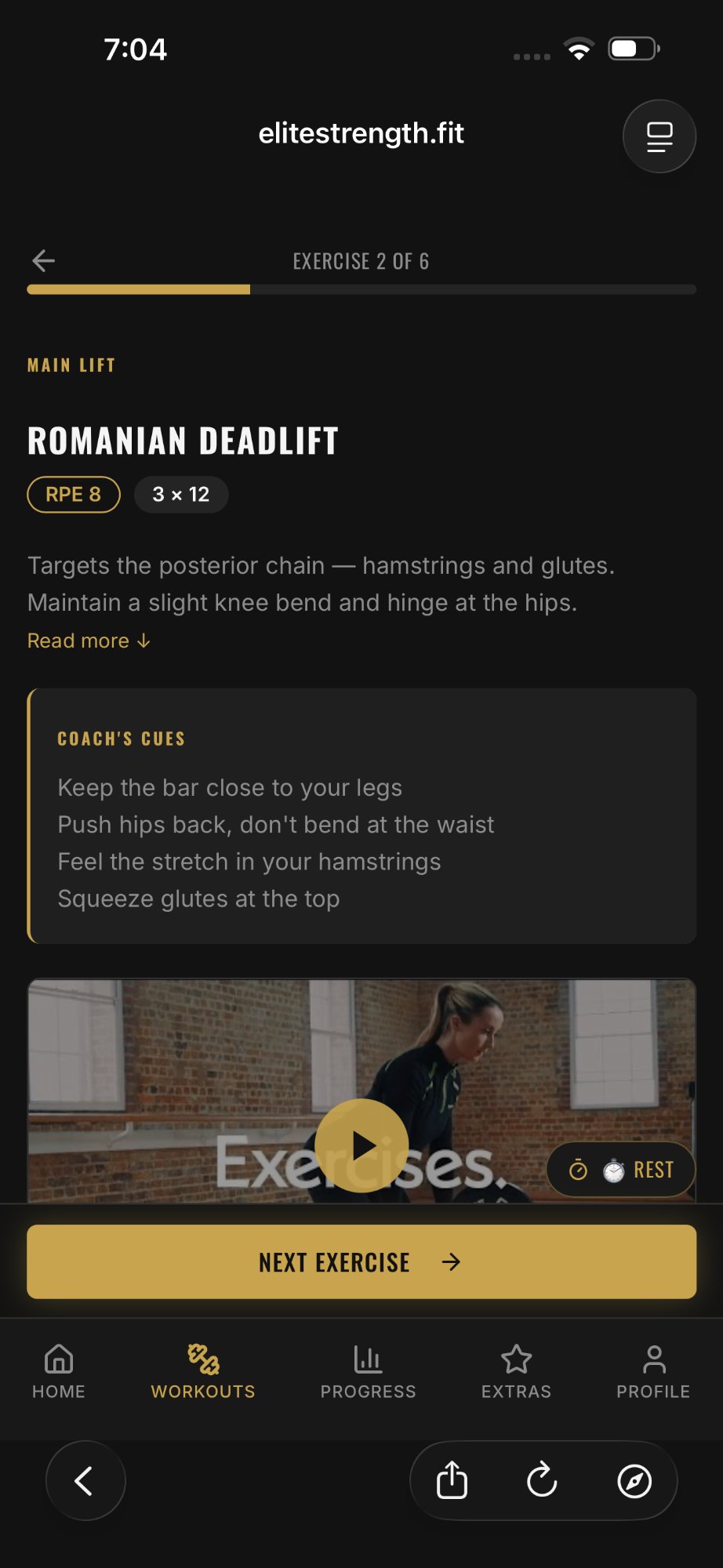 Elite Strength System active workout screen
